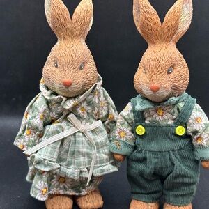 Russ Articulated Floral Bunny Pair in Green Outfits Vintage